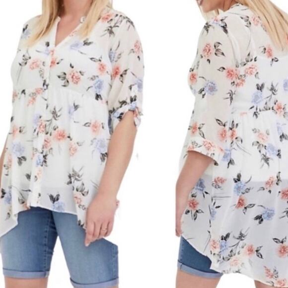 TORRID White Floral Chiffon Hi Low Babydoll Tunic Sz 2 - Picture 1 of 7